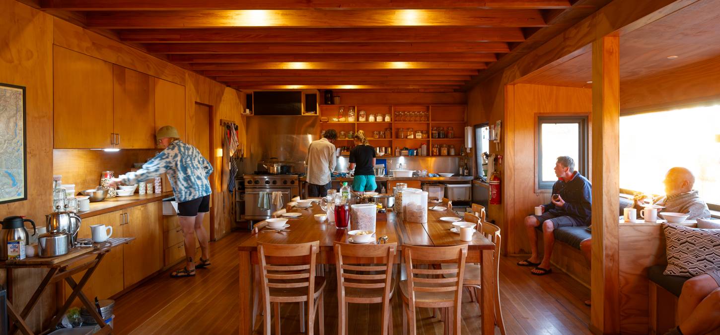 Dining table in Cradle Mountain Hut accommodation