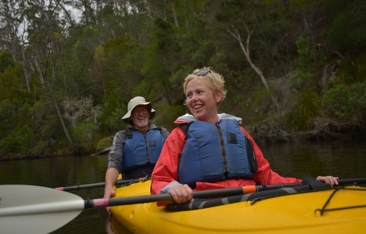 Guests, man, woman, kayak, river