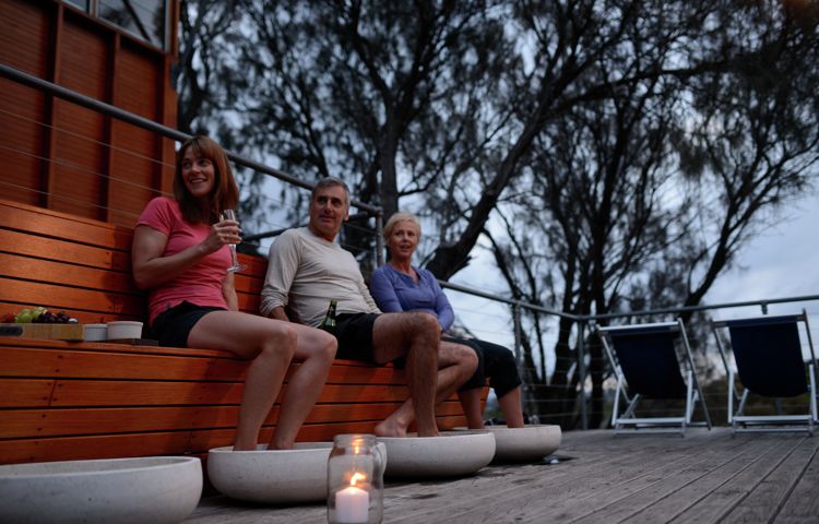 Women, man, Foot spa, Lodge, Balcony