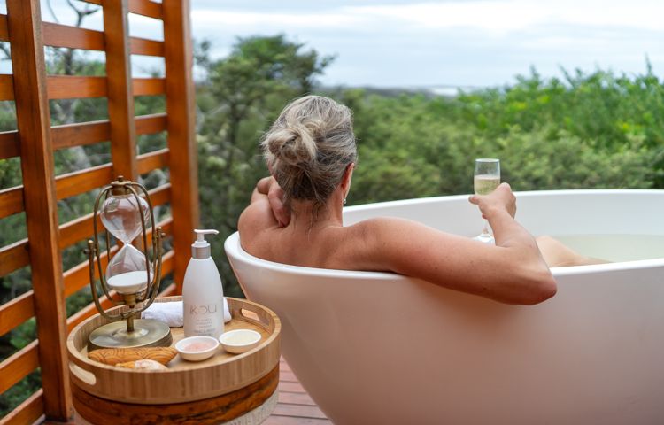 Bath, woman, wine glass, view, lodge, bay of fires