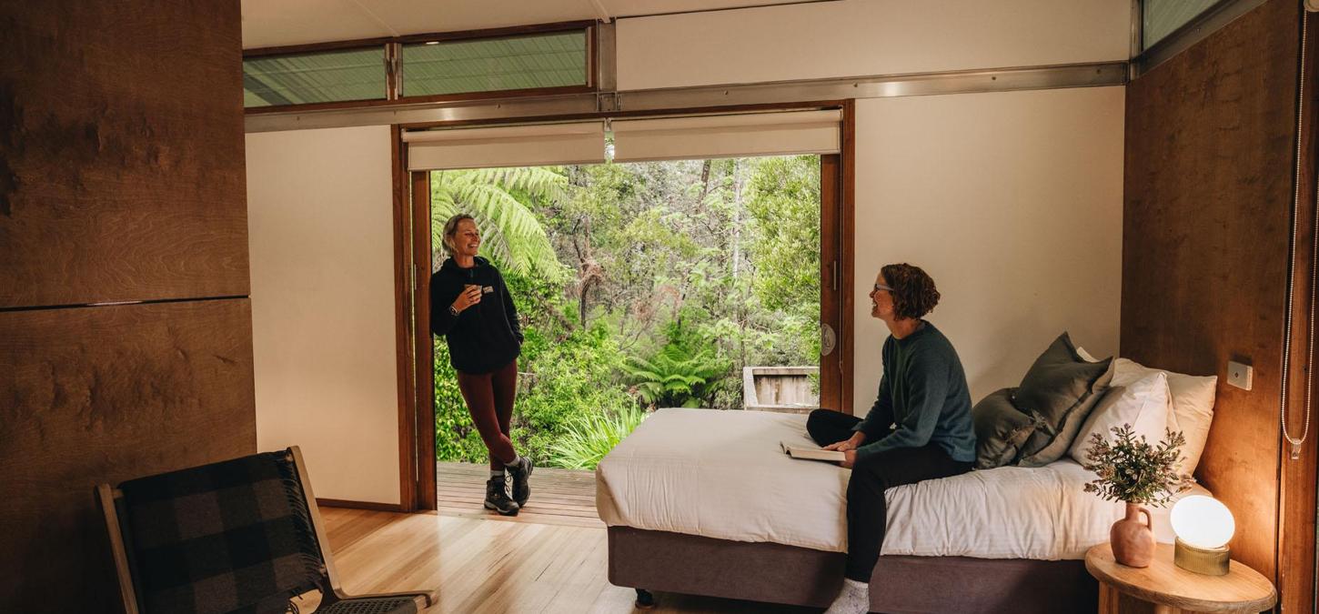 Lodge, people, bed, chair, table, book, window, nature
