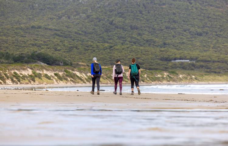 Walkers on the beach of Bruny Island
